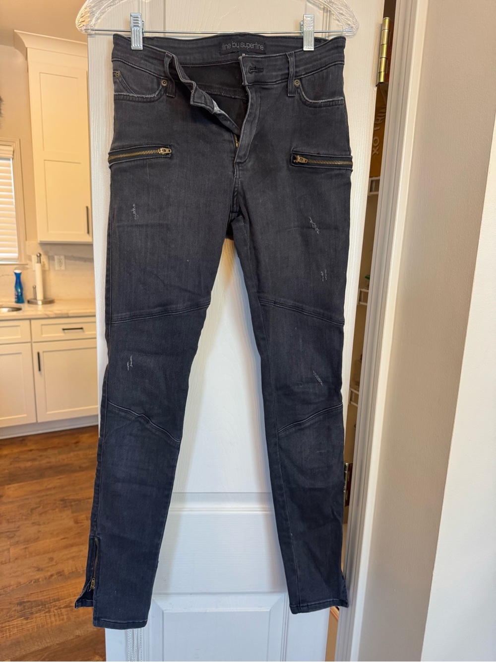 SUPERFINE Charcoal Black Skinny Moto Jeans with Zipper Accents